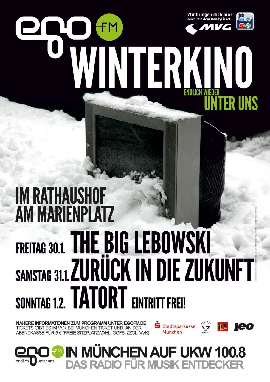 The poster for the egoFM Winterkino 2015 an old TV in the snow...