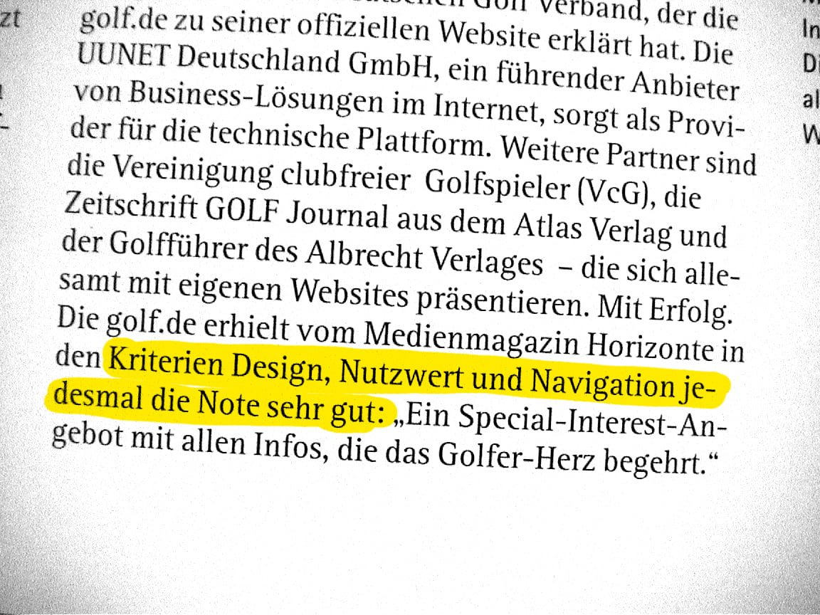 Das Magazin HORIZONT gibt schönereWelt! nur Bestnoten für golf.de